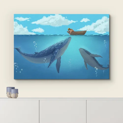 Miniatura 3 de Estilo de Dibujo a Mano Niño Místico en el Barco en el Océano con Ballenas Azules, Galería 16x24 pulgadas Ballena - 02
