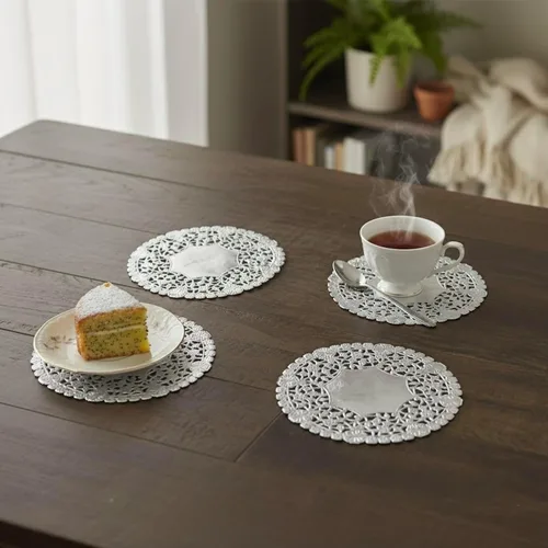 Miniatura 9 de Doilies de encaje de papel de aluminio plateado de 6 pulgadas, decoración redonda desechable en relieve para bodas, fiestas de té, postres