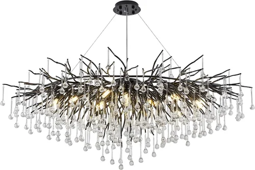 Miniatura 7 de Candelabro de cristal negro de 23.6 pulgadas, moderno colgante de techo de flores, iluminación colgante de rama de árbol, gota de lluvia, lámpara