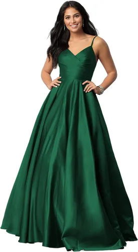 TIRAS Vestidos de fiesta con cuello en V para mujer, vestido largo de fiesta de satén fruncido, vestido de noche con bolsillos CM139