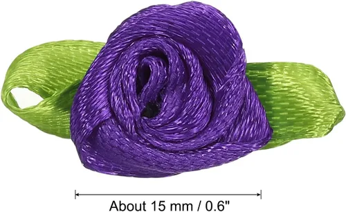 Miniatura 2 de PATIKIL Mini rosas de cinta, 200 unidades, pequeñas flores de tela de satén con adornos de hojas verdes, rosetas para manualidades, costura, boda