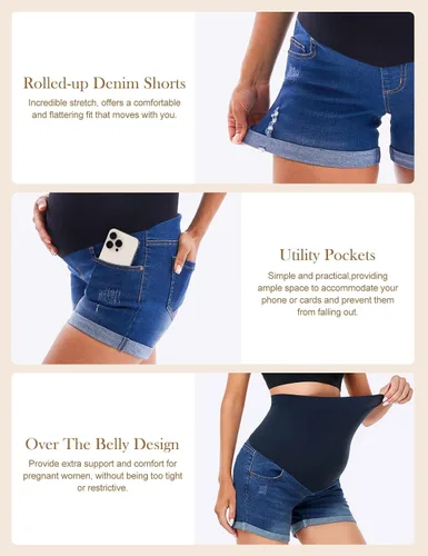Miniatura 4 de HOFISH Pantalones cortos elásticos de maternidad para mujer, sobre el vientre, cómodos, pantalones cortos de mezclilla, pantalones cortos casuales