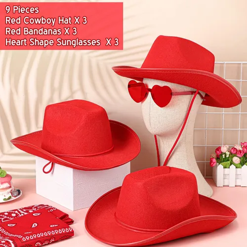 Miniatura 2 de 9 piezas de sombrero de vaquero para adultos con bandana de vaquero y lentes para disfraz occidental, accesorio de vestir para hombres y mujeres