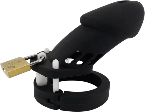Miniatura 8 de Dispositivo de castidad masculino de silicona suave con 5 anillos, dispositivo de jaula de castidad masculina de color negro con cerradura y llave