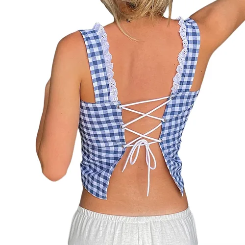 Miniatura 2 de Camiseta sin mangas Y2K para mujer, con tirantes delgados, ribete de encaje, a cuadros, floral, sin mangas, ombliguera estética de hadas