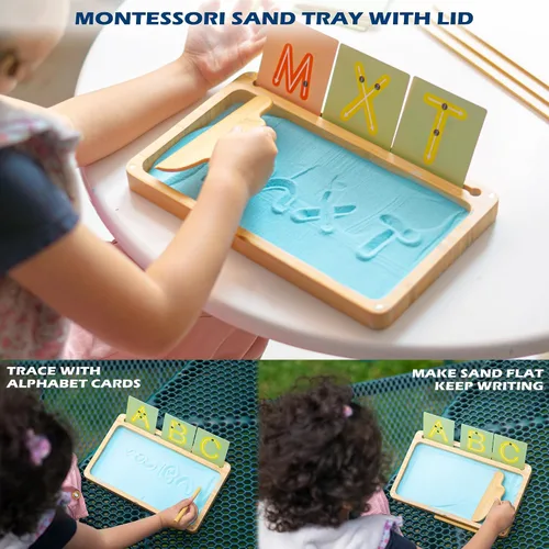Miniatura 6 de AtMini Bandeja de arena para aula, bandeja de arena Montessori con tapa, bandejas de arena de madera para niños, letras y números (azul)