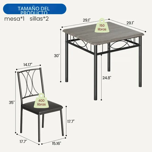 Miniatura 2 de IDEALHOUSE Juego de mesa de comedor para 2, juegos de mesa cuadrada con 2 sillas tapizadas, mesa de cocina pequeña y sillas para 2, juego de mesa