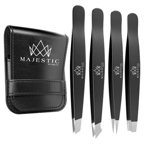 Majestic Bombay Pinzas de punta fina + inclinadas para mujeres y hombres, garrapatas astilladas, depilación facial, cejas y encarnadas, afiladas,