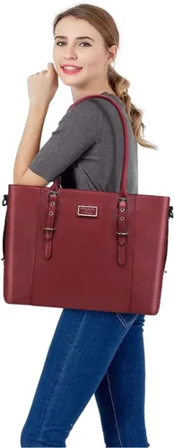 Miniatura 2 de MOSISO Bolso de mano de piel sintética para laptop para mujer (17-17.3 pulgadas), impermeable de gran capacidad, maletín de trabajo de negocios