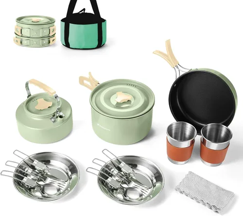 Miniatura 11 de Odoland 15pcs Camping Cookware Mess Kit, Non-Stick Lightweight Pot Pan Kettle Set with Stainless Steel Cups Plates Forks Knives Spoons for Camping
