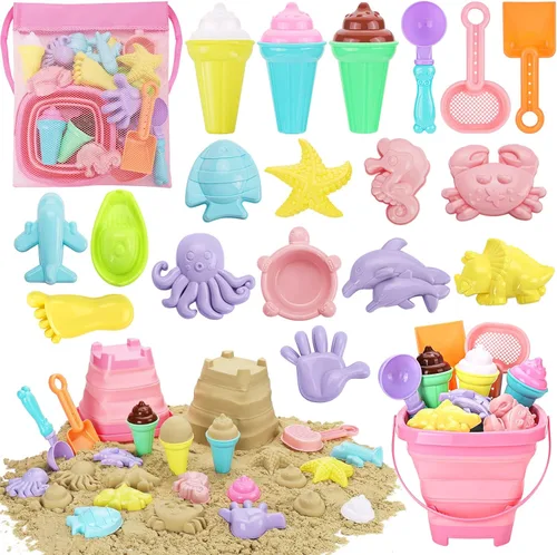 REZUCREY Juguetes de playa, juguetes de arena de helado para niños pequeños, con cubo plegable y palas para niños con bolsa, juguetes de viaje para