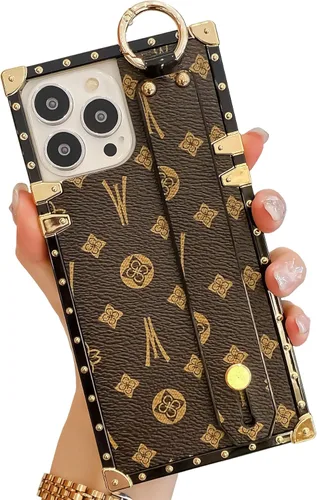 Miniatura 15 de Funda rectangular de cuero compatible con 11 con correa para muñeca, funda de diseñador de lujo para mujeres y niñas, funda protectora con soporte