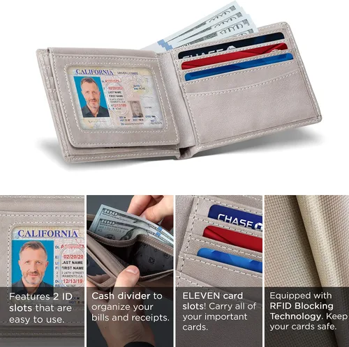 Miniatura 4 de SERMAN BRANDS Billetera de piel con 2 ventanas de identificación para hombre, con bloqueo RFID, doble tapa superior, billetera de viaje de capacidad