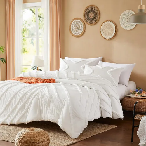 Miniatura 8 de Cupocupa Juego de Edredón Queen Beige con Mechones, Juegos de Edredones Ropa de Cama para Cama Queen 3 Piezas Edredón Boho Suave Esponjoso Ligero