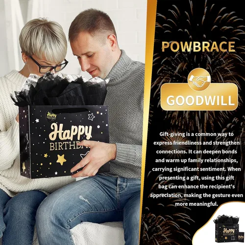 Miniatura 6 de Powbrace Bolsa de regalo de cumpleaños negra con papel de seda y tarjeta de felicitación, 13 x 10.2 x 4.9 pies, mediana