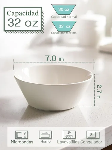 Miniatura 5 de DOWAN Juego de 4 cuencos de sopa grandes de 32 onzas, cuencos de cerámica blanca para cocina, cuencos profundos para cereales, ensalada, pasta
