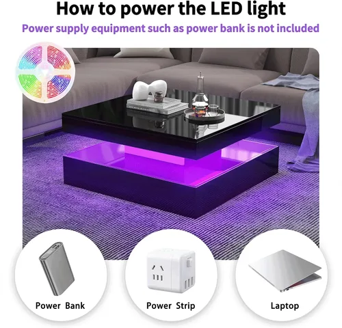 Miniatura 7 de FKWin Mesas de centro negras para sala de estar, mesa de centro LED con luces, moderna mesa de centro negra con superficie de alto brillo, mesa