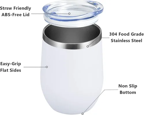 Miniatura 9 de MEWAY Vaso de vino sin tallo de 12 onzas con tapa, vaso de viaje de acero inoxidable con aislamiento de doble pared al vacío con popote, para Blanco