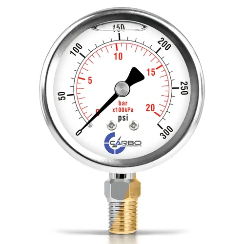 Medidor de presión relleno de líquido de glicerina de 300 PSI, dial de 2.5 pulgadas, montaje inferior 1/4 NPT, caja de acero inoxidable 304, piezas