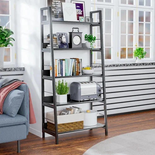 Miniatura 8 de Himimi Estantería de escalera negra alta y estante para libros de 5 niveles, estante industrial moderno de madera con marco de metal, estante