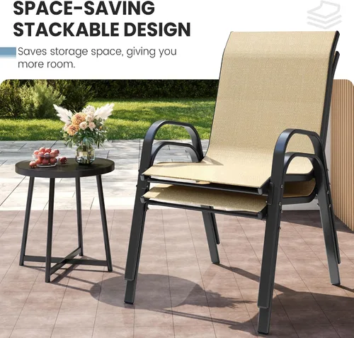 Miniatura 7 de Juego de 4 sillas de comedor para patio, sillas de comedor apilables, respaldo alto, tela de asiento transpirable y marco de acero de aleación