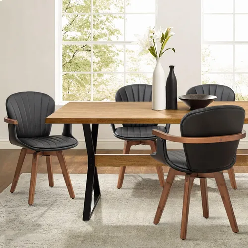 Miniatura 10 de LUNLING Sillas de comedor giratorias, sillas de cocina modernas de cuero sintético negro de mediados de siglo con brazos, patas de bambú, sillas