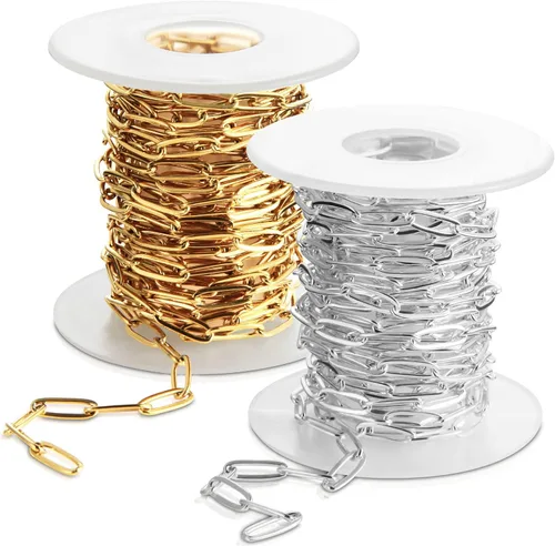 Cadena ovalada de clip de 24 pies de acero inoxidable chapado en oro y plata de 0.138 pulgadas de ancho, eslabones planos para joyería de mujer (oro