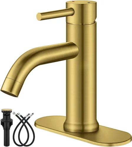 Aolemi Grifo de baño de un solo agujero, grifo de lavabo de baño de una sola manija con líneas de suministro, con montaje de drenaje desplegable y