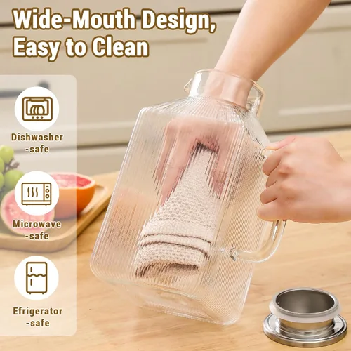 Miniatura 7 de Jarra de vidrio cuadrado grueso de 1 galón con tapa, jarras de agua clásicas a rayas para refrigerador, jarra de vidrio de borosilicato para bebidas