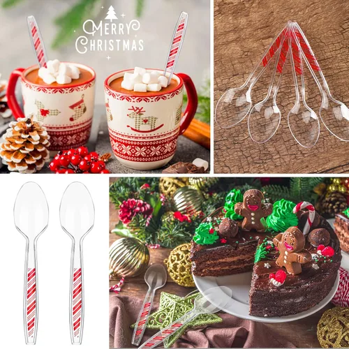 Miniatura 6 de Paquete de 100 cucharas desechables de plástico transparente de Navidad con patrón de rayas rojas, utensilios transparentes para tartas