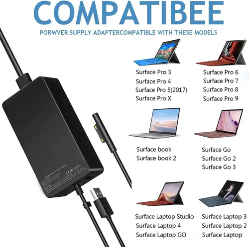 Miniatura 5 de Cargador de portátil Surface Pro de 65 W para Microsoft Surface Pro 10/9/8/7/6/5/4/3/X, Windows Surface Laptop 6/5/4/3/2/1, Surface Book 3/2/1