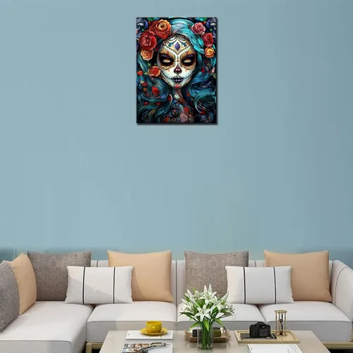 Miniatura 4 de Pintura de diamantes de calavera de azúcar 5D, kit de numeración de maquillaje de esqueleto de moda, arte de pared de rosa roja, arte de pared