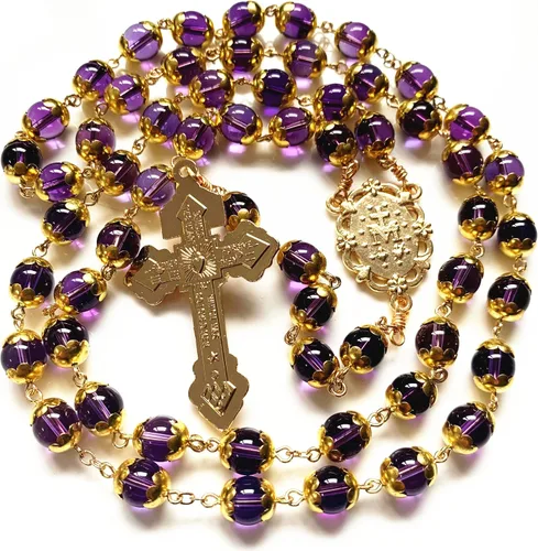 Miniatura 4 de elegantmedical HECHO A MANO ORO NATURAL 8MM AMATISTA CUENTAS ROSARIO CRUZ CATÓLICO COLLAR CAJA DE REGALO, Cristal
