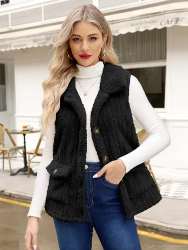 Miniatura 2 de Spadehill Chaleco de forro polar para mujer, chaleco de solapa cálido para otoño e invierno