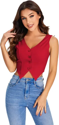 Miniatura 7 de SweatyRocks Chaleco corto con dobladillo asimétrico y botones en la parte delantera para mujer, cuello en V, sin mangas, para mujer