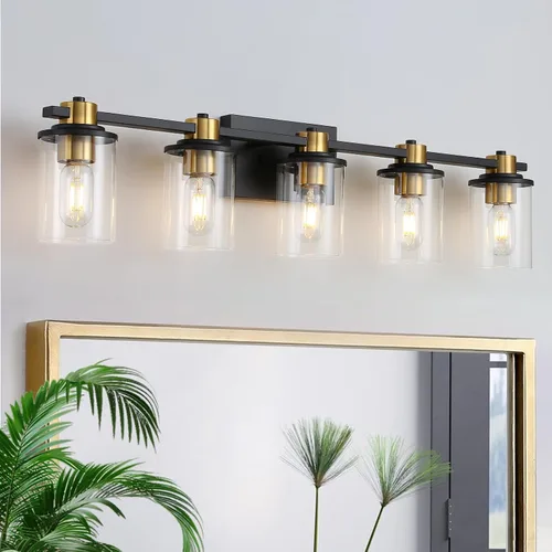Miniatura 10 de LOUSACE Lámpara de baño negra y dorada, 3 luces de tocador de baño, moderna luz de baño sobre espejo con pantallas de vidrio transparente, enchufe