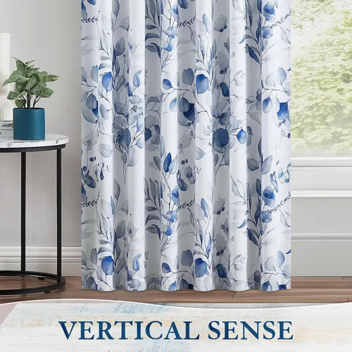 Miniatura 6 de Cortinas 100% opacas con patrón floral azul, 96 pulgadas de largo para dormitorio, estampado de hojas de acuarela, cortinas con aislamiento térmico
