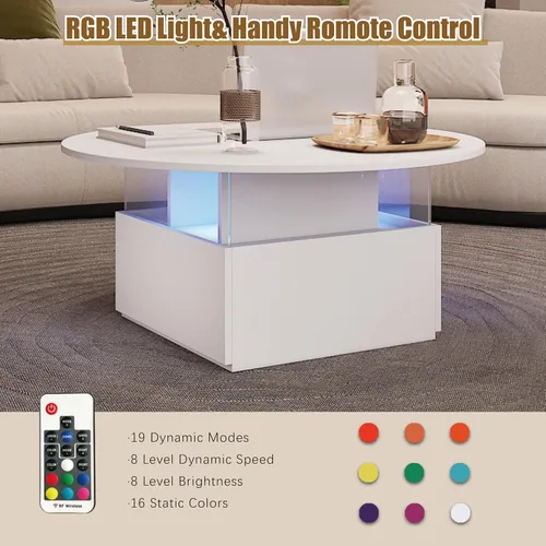 Miniatura 4 de HedoAjim Mesa de café redonda de 31.5" para sala de estar, mesa moderna de sala de estar con LED y almacenamiento, mesas de café cuadradas