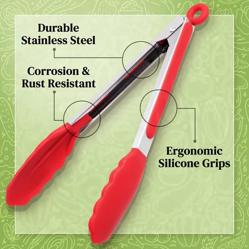 Miniatura 4 de Popco Juego de pinzas de cocina de 3 piezas, puntas de silicona resistentes al calor, agarre fuerte y cómodo, 3 tamaños (7, 9, 12 pulgadas), Rojo