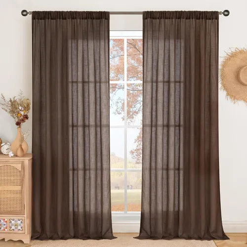 Miniatura 25 de BGment Cortinas de lino café de 30 pulgadas de largo para ventana pequeña, cortinas de media ventana beige semitransparentes ligeras con bolsillo