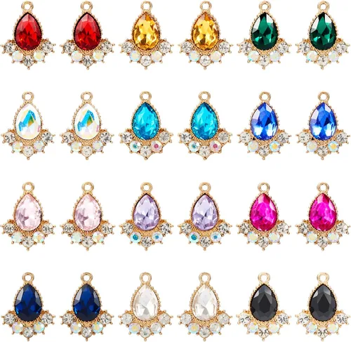 Miniatura 28 de Cheriswelry 48 colgantes de diamantes de imitación de resina en forma de lágrima con ajustes de latón dorado con diamantes de imitación facetados