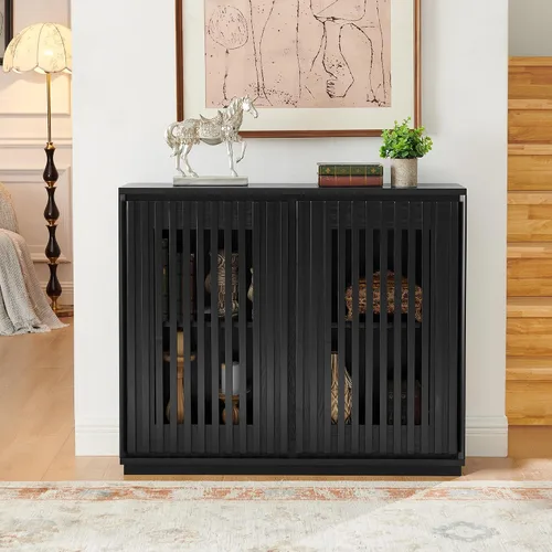 Mesa consola estrecha de 39 pulgadas con puertas huecas, aparador moderno de mediados de siglo con 2 orificios de salida, gabinete de almacenamiento