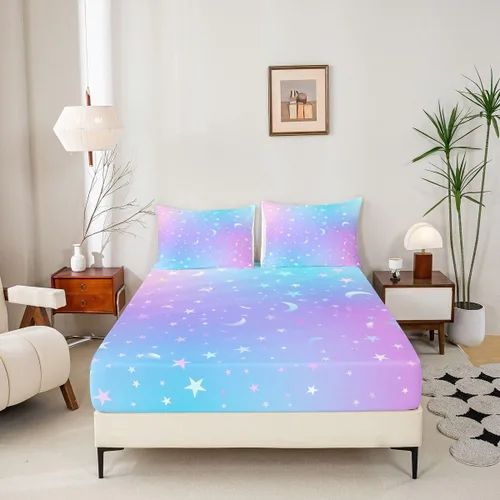 Miniatura 6 de Sábana bajera de galaxia tamaño individual, juego de ropa de cama con purpurina degradado para niños, niñas, niños y mujeres, decoración