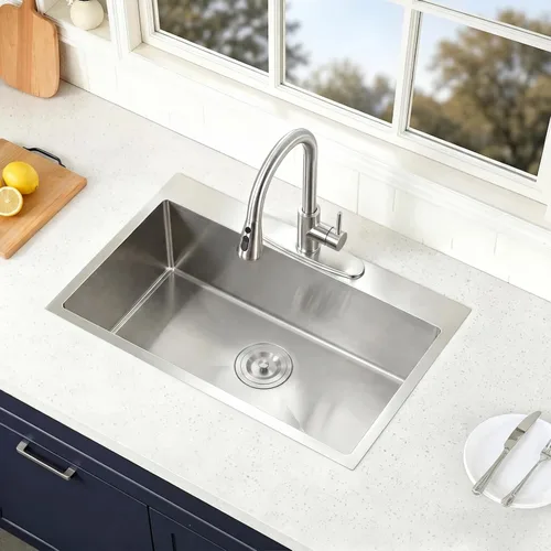 Miniatura 2 de VAPSINT Fregadero Fregadero de cocina de 28 pulgadas, fregadero de cocina de acero inoxidable T304 de calibre 16 de 28 x 18 pulgadas, 9 pulgadas