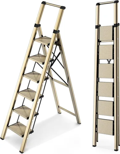 Miniatura 13 de WOA WOA Escalera de 6 peldaños, escaleras plegables ligeras con peldaños anchos, escalera delgada para espacios estrechos, escalera alta para techos