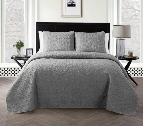 VCNY Home Edredón para cama individual – Edredón individual alternativo de 2 piezas, colcha floral con funda (Caroline, ropa de cama gris)