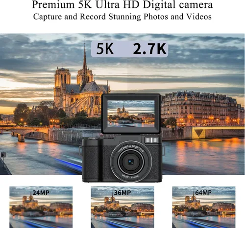 Miniatura 2 de Cámara digital 5K para fotografía 64MP Cámara de vlogging de enfoque automático para YouTube 3 "Pantalla abatible de 180 ° Viaje compacto 18X Zoom