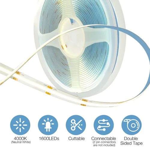 Miniatura 5 de DAYBETTER Tira LED COB, 16.4 pies de tira de luces LED blancas, tira de luz LED regulable 4000K blanco neutro brillante, 24V, 1600LEDs, 2835 cinta