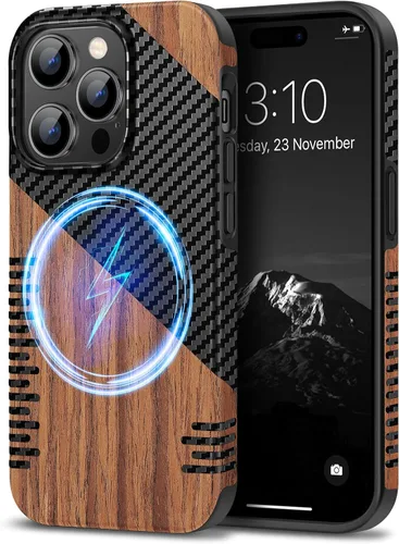 Miniatura 11 de TENDLIN Funda Magnética Compatible con iPhone 14 Plus Funda de Madera con Textura de Fibra de Carbono Diseño Híbrido de Cuero Cubierta Delgada Negro