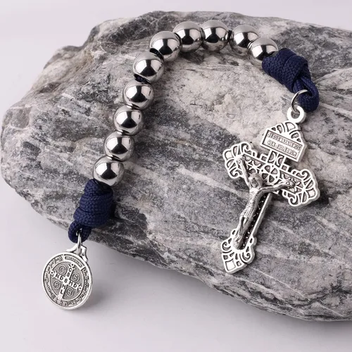 Miniatura 6 de Rosario de bolsillo estilo abierto una década de acero inoxidable rosario católico con crucifijo medalla de San Benito con bolsa de regalo